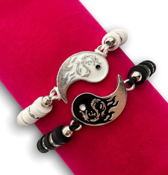 Парные браслеты ИНЬ ЯН с драконом / двойной браслет / черный и белый